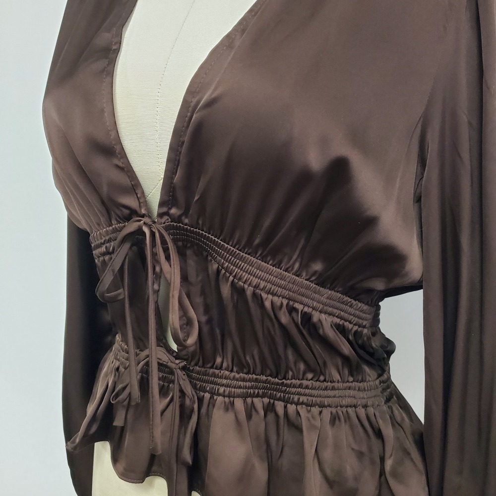 Wayf Womens Long Sleeve Tie Front Milkmaid Top Size S Brown Coquette Romantic - Picture 2 of 10